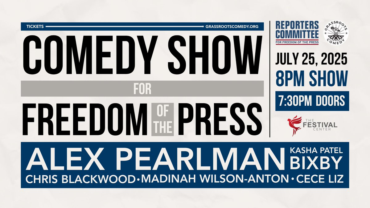rcfp's tweet image. You're invited to the Comedy Show for Freedom of the Press!
This Friday in D.C., join @grassrootsfunny and an all-star line-up of comedians for a night of stand-up and satire to benefit @rcfp. (Scoop: Journalists get a discount!)
🎟️ Buy tix today: eventbrite.com/e/comedy-show-…