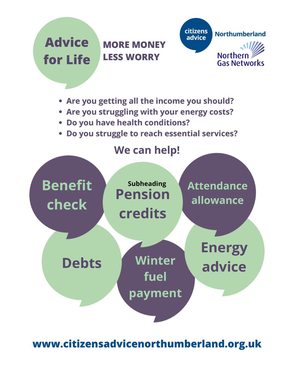 💙 Advice for Life: More Money, Less Worry 💸

Are you aged 65 or over or know someone who is? We’re here to help you make the most of your money, stay safe and warm at home, and get the support you deserve.

Contact Us:
💻 citizensadvicenorthumberland.org.uk
📞 0808 278 7944