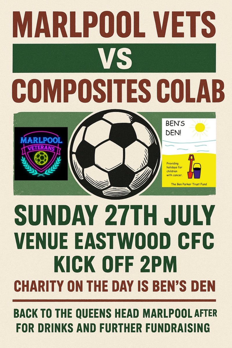 This Sunday we take on a local collective of composite friends from the area, we'll all be raising for Ben's Den this time

If you're stuck for something to do, craving the footie and fancy a beer, come and support the lads 
Eastwood Community Football Club KO 2pm 📍