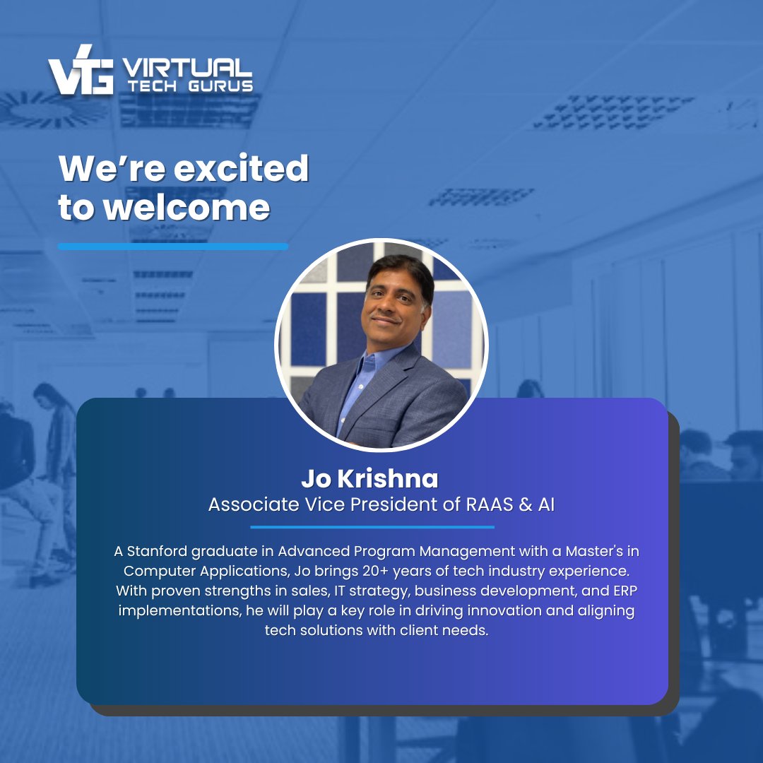 virtualtechguru's tweet image. Big news at VTG!
Thrilled to welcome two dynamic leaders:
🔹 Jo Krishna – AVP of RAAS & AI
🔹 Rekha Krishnaji Rao – Digital Marketing Manager
With their expertise, our innovation journey just leveled up!
#LeadershipUpdate #MarketingExcellence #TechStrategy #NewJoinees #VTG