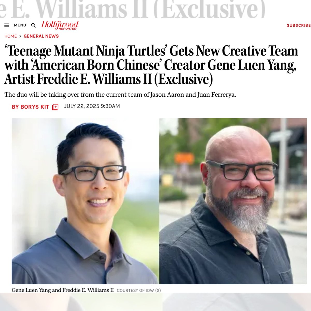 Freddieart's tweet image. ANNOUNCED by the @THR this morning: @geneluenyang & I are the new creative team for the TEENAGE MUTANT NINJA TURTLES! Starting with issue 13 out in December by @idwpublishing so excited!!! hollywoodreporter.com/news/general-n…