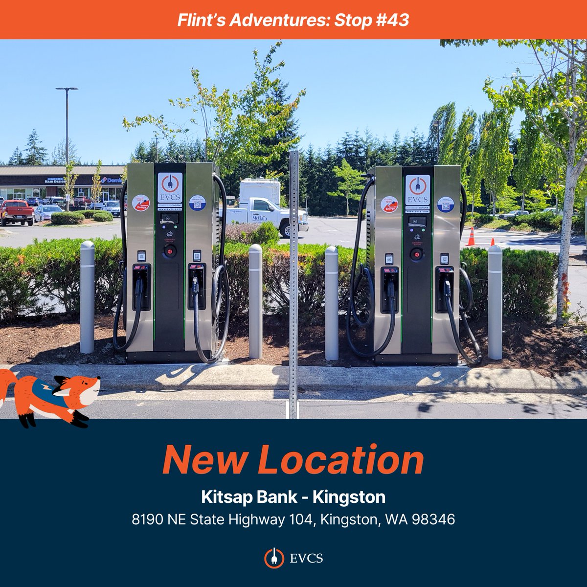 EVCSnetwork's tweet image. Flint is in beautiful Kingston, WA! 🦊⚡

We’ve just commissioned 4 150 kW DC Fast chargers and 1 Level 2 charger at Kitsap Bank, adding another great stop to the growing EVCS x Kitsap Bank partnership!