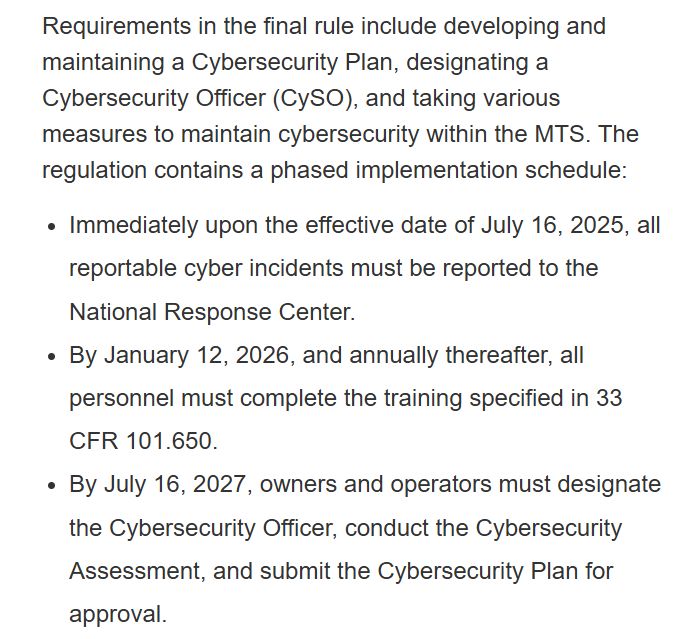 ericgeller's tweet image. I missed this last week, but the Coast Guard's cybersecurity regulations for U.S.-flagged vessels and facilities took effect on July 16. news.uscg.mil/maritime-commo… federalregister.gov/documents/2025…