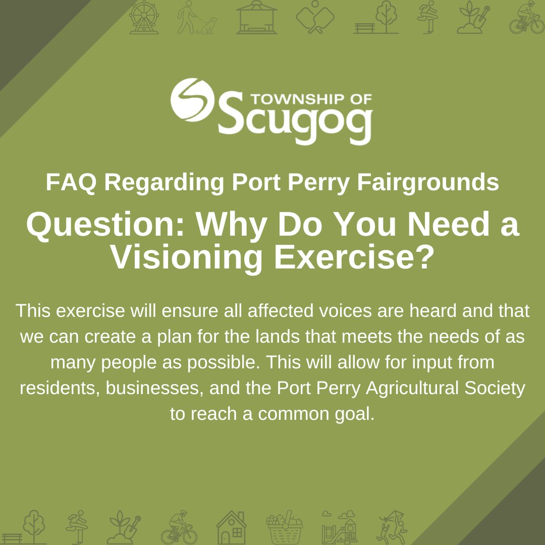 TwpofScugog's tweet image. Fairgrounds FAQ #1: Why do you need a visioning exercise?
More FAQs and further details about the project can be found at my.scugog.ca/fairgrounds