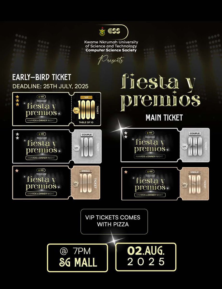 thecssknust's tweet image. Itโs closer than you think! ๐
Early Bird tickets for the CSS Dinner are still available:
โข Single โ GHS 100
โข Couple โ GHS 180
โข Table of 10 (VIP) โ GHS 1000
Secure yours exclusively at:
thecssknust.com/purchase-merchโฆ
Limited slots available. Act fast.