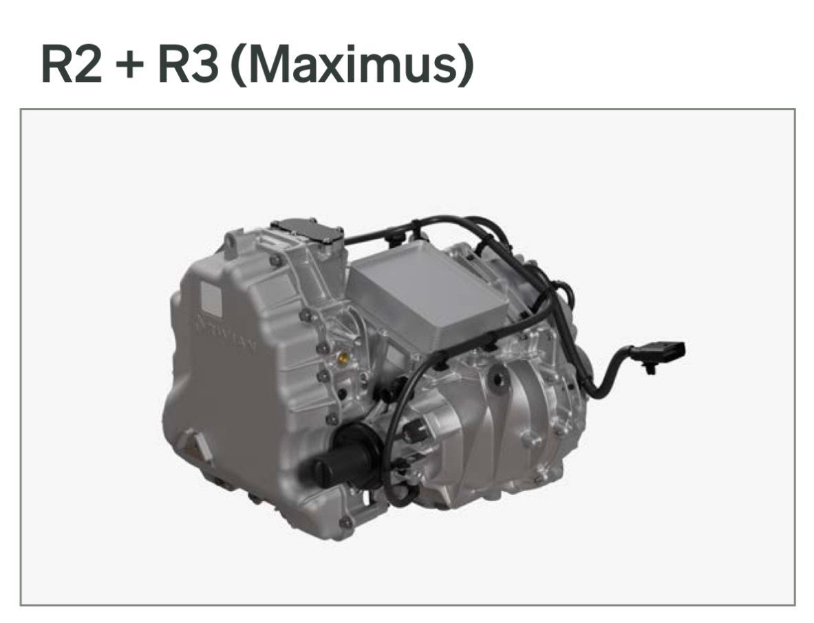 Hilbe's tweet image. Guess the hp/torque specs of R2 Launch Edition.
The Maximus motor in R2 is a Gen 2 version of the Enduro motor used in R1. In R1, Enduro-based Dual Motor is 533 hp/610 ft lb torque and Performance Dual Motor is 665 hp/829 ft lbs torque.