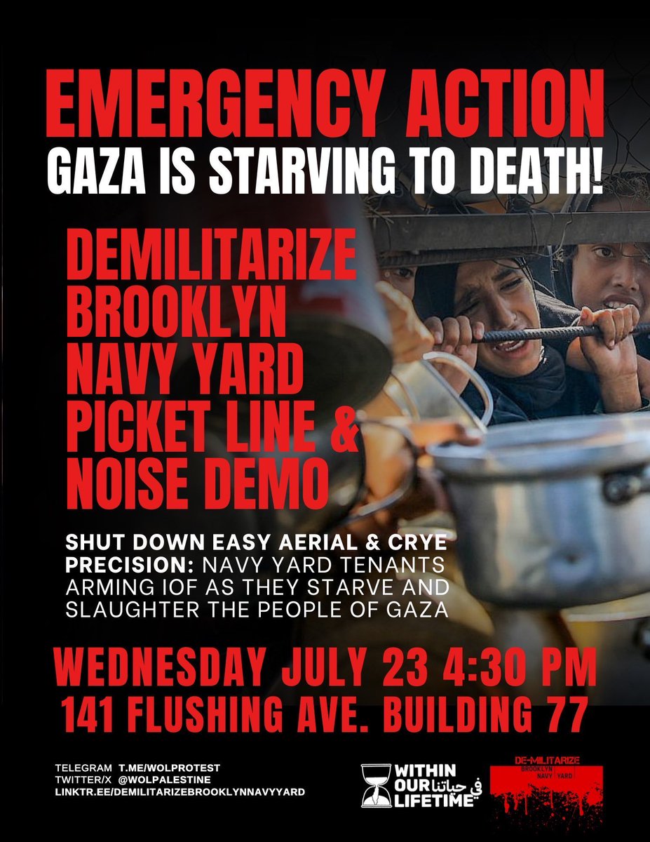 WOLPalestine's tweet image. 🚨 EMERGENCY ACTION: GAZA IS STARVING TO DEATH!
🇵🇸 Demilitarize Brooklyn Navy Yard Picket Line & Noise Demo
🗓️ Wednesday July 23 4:30 PM
📍 141 Flushing Ave. (Building 77), Brooklyn, NY
All out as we join the Demilitarize Brooklyn Navy Yard campaign to shut down Easy Aerial &…