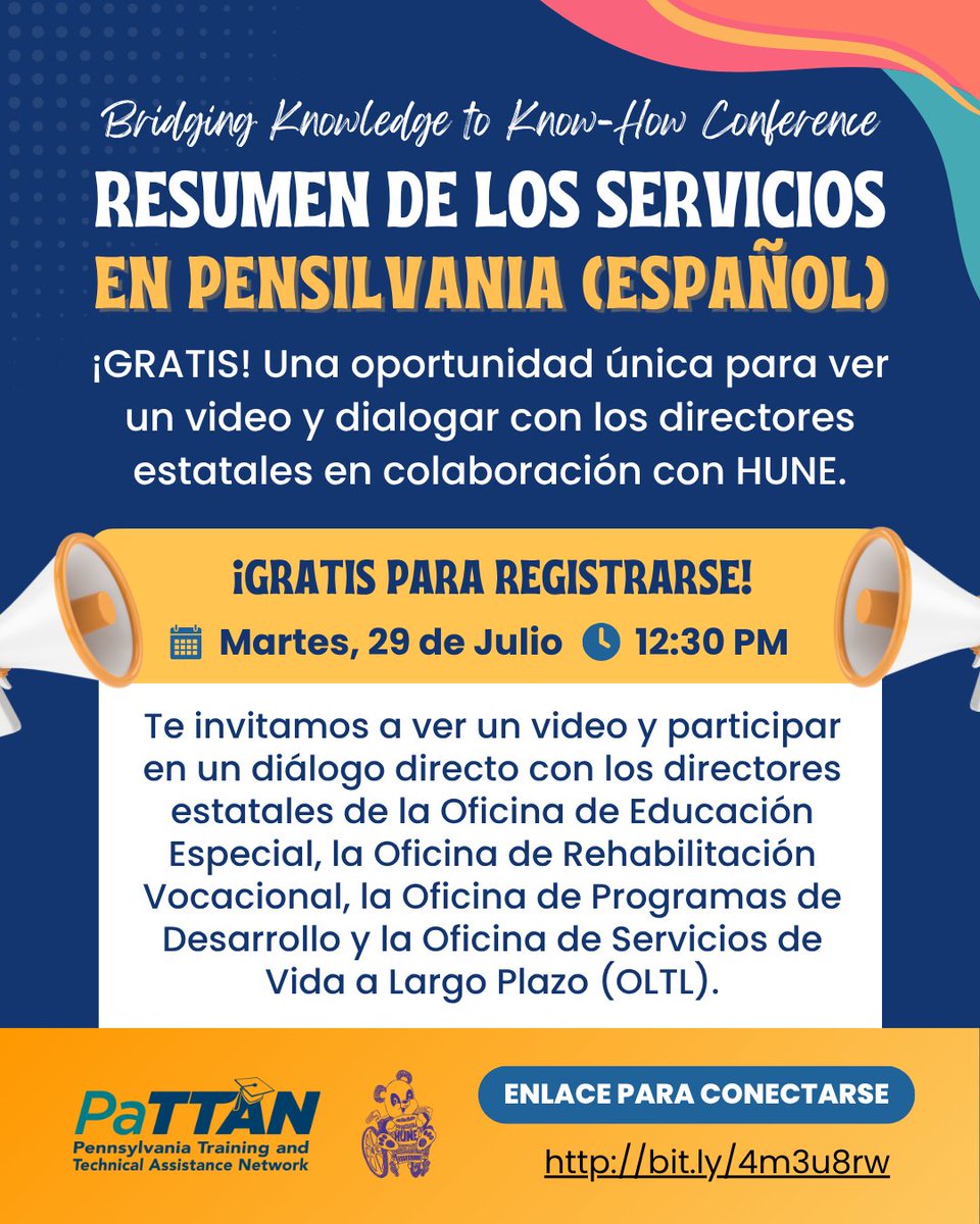 pattanupdates's tweet image. ¡GRATIS! Una oportunidad única en colaboración con @philahune.
Te invitamos a ver un video y dialogar directo con los directores estatales de @PADeptofEd BSE, @PA_OVR y @PAHumanServices ODP y OLTL. ✨
📅 Martes, 29 de Julio
⏰ 12:30 PM–2:00 PM
🔗 bit.ly/4m3u8rw
