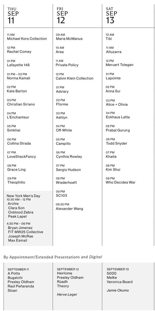 itgirlbackup's tweet image. THE NEW YORK FASHION WEEK SS26 SCHEDULE IS OUT!!!☆☆☆
