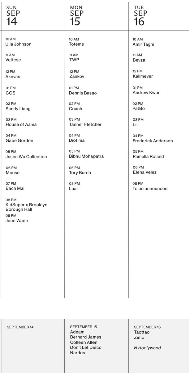 itgirlbackup's tweet image. THE NEW YORK FASHION WEEK SS26 SCHEDULE IS OUT!!!☆☆☆