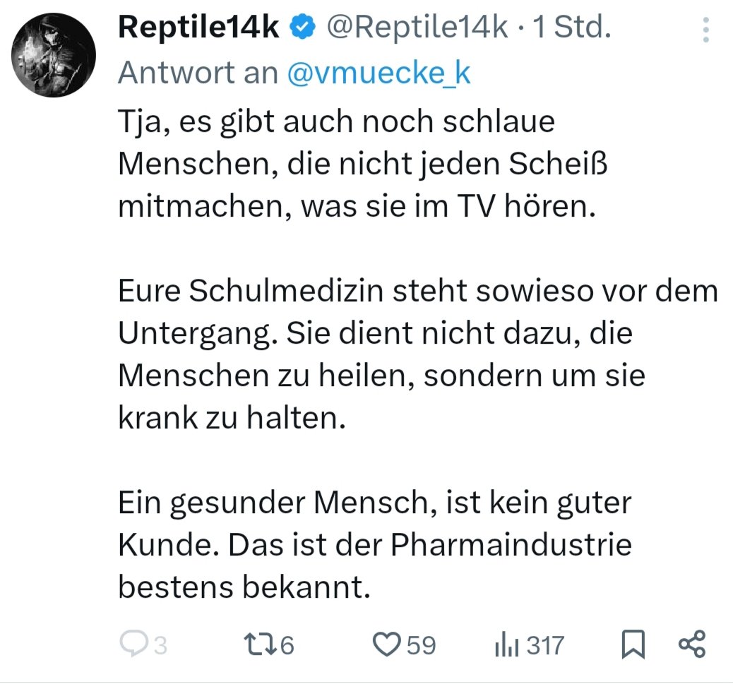 Reptile14k's tweet image. Ärzte und die
Pharmaindustrie. ‼
Ist das die Demokratie, von der ALLE reden? Da spricht man mal die Wahrheit aus und man wird direkt blockiert.
Ihr Handeln zeigt mir wieder mal, dass sie alle unter einer Decke stecken. Aber natürlich alles nur zum Wohle der Menschheit.
