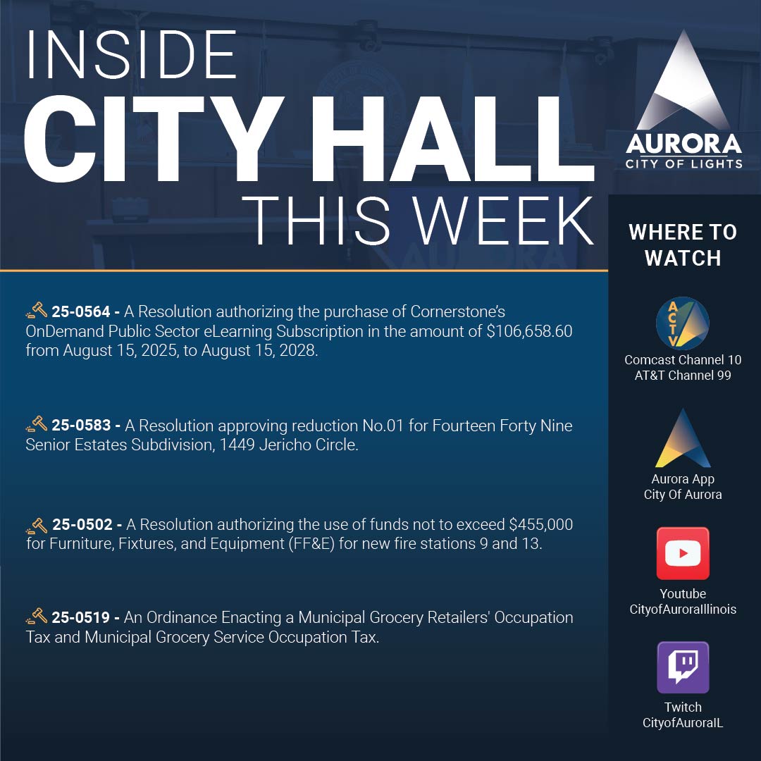CityofAuroraIL's tweet image. Pull up a chair because City Council will be IN SESSION this evening.🪑
Join us in Council Chambers at 6 P.M. for an evening of collaboration and discussion. We hope to see you there!
Find the full agenda here: aurora.il.us/CityCouncilAge…
