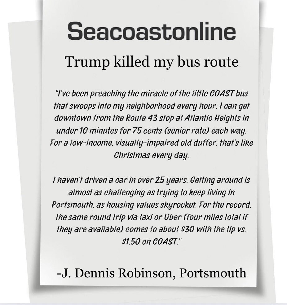NHDems's tweet image. “Trump killed my bus route.”
Seacoast communities are losing critical public transit routes because of the Trump administration’s reckless federal funding cuts. #NHPolitics
Read more⬇️
seacoastonline.com/story/opinion/…