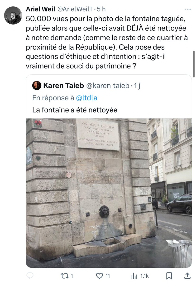 Mensonge minable d’Ariel Weil : j’ai posté la photo de la fontaine quelques minutes après l’avoir prise. Elle était ainsi. Je tiens à disposition de tous mes confrères qui souhaiteraient écrire sur les pratiques du maire de Paris-Centre la photo et ses métadonnées.