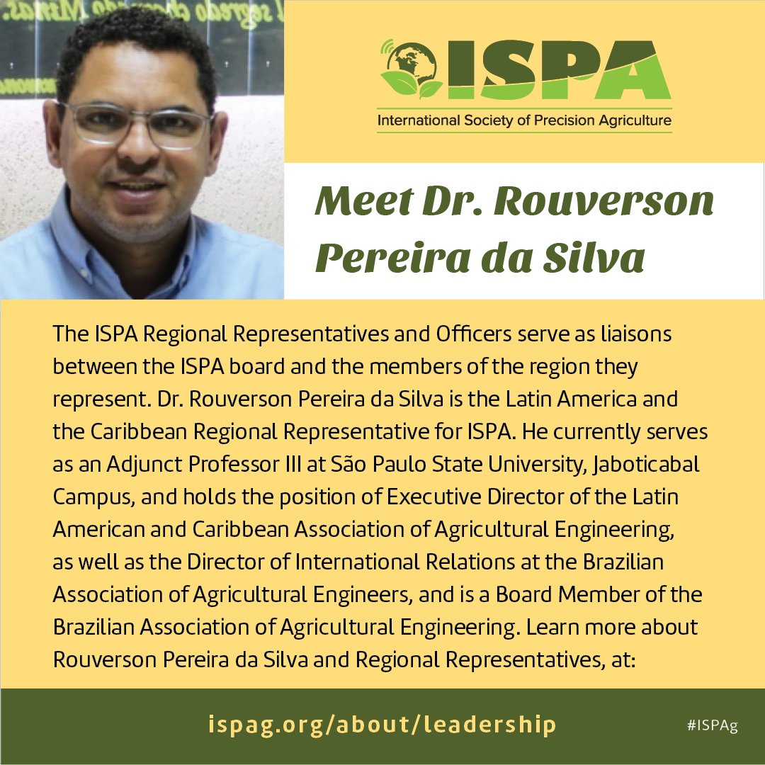 IntSoPA's tweet image. The ISPA Regional Representatives and Officers serve as liaisons between the ISPA board and the members of the region they represent.
Dr. Rouverson Pereira da Silva is the Latin America and the Caribbean Regional Representative.
Learn more, at: ispag.org/about/leadersh…
#ISPAg