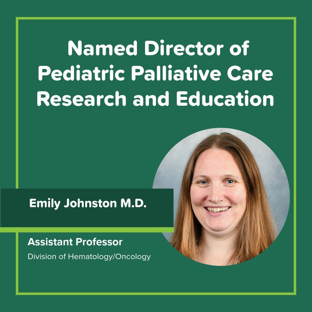 Congratulations to Dr. Emily Johnston, assistant professor in the Division of Hematology/Oncology on being named director of Pediatric Palliative Care Research and Education! She will also serve on the Center’s Executive and Steering Committees! 👏 💪