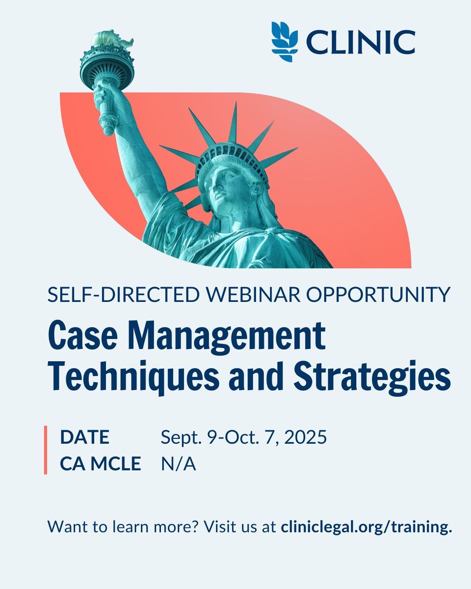cliniclegal's tweet image. During this self-directed case management course, participants will walk through the life of a case by discussing basic components of effective case management techniques and strategies. Our CLINIC team will help you think through best practices.
🔗 cliniclegal.org/training/webin…