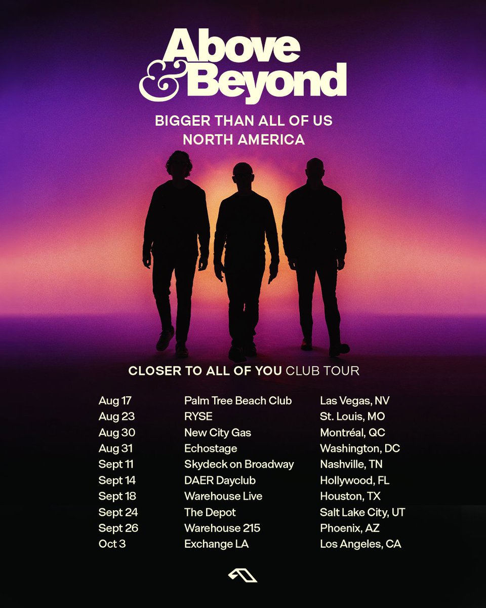 aboveandbeyond's tweet image. Our North American tour just got bigger. We've added 10 new dates across intimate venues - bringing the DJ booth closer to all of you.
Tickets for Las Vegas & St. Louis are on sale now. For remaining dates, pre-sale opens July 24 at 10am local. Sign up: biggerthanallofus.com/tour