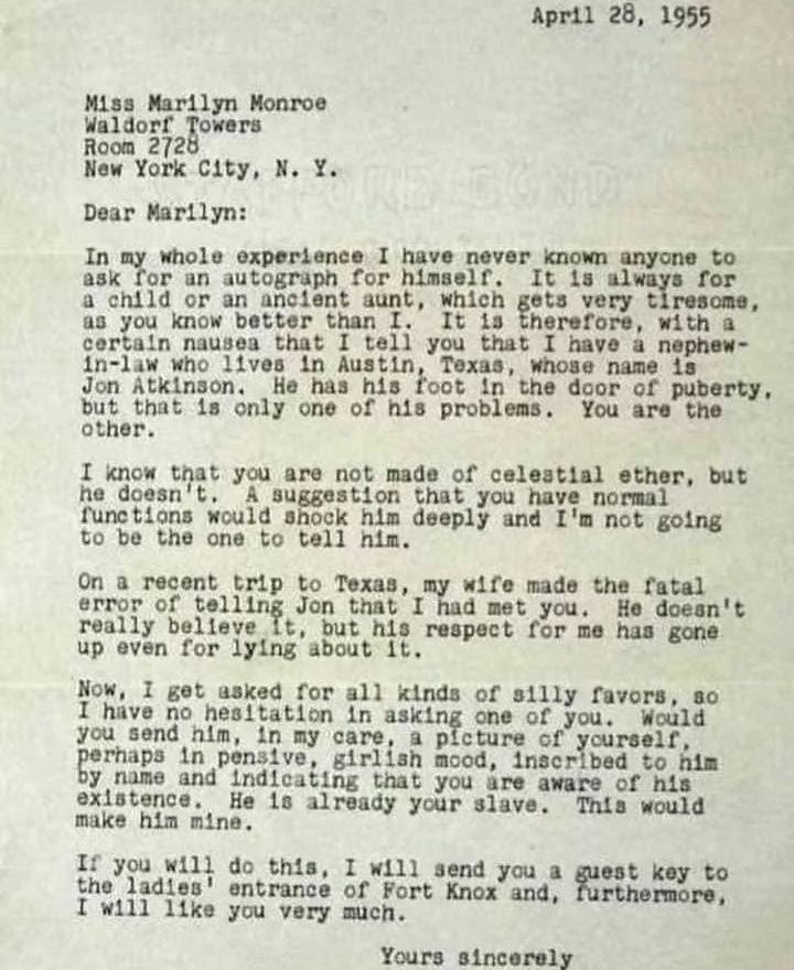 HistoryUnd's tweet image. John Steinbeck's Letter to Marilyn Monroe. April 28, 1955