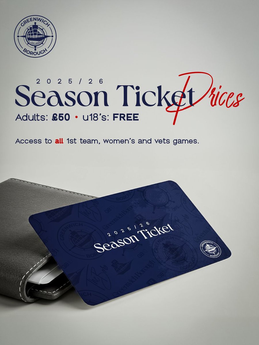 We are very excited to announce that for Greenwich Borough's inaugural season in SCEFL Division One you can purchase a season ticket for just £50.

🎟️ Your season ticket also provides access to Greenwich Borough Vets and Greenwich Borough Women's First Teams.

#UpTheBoro #AFCGB