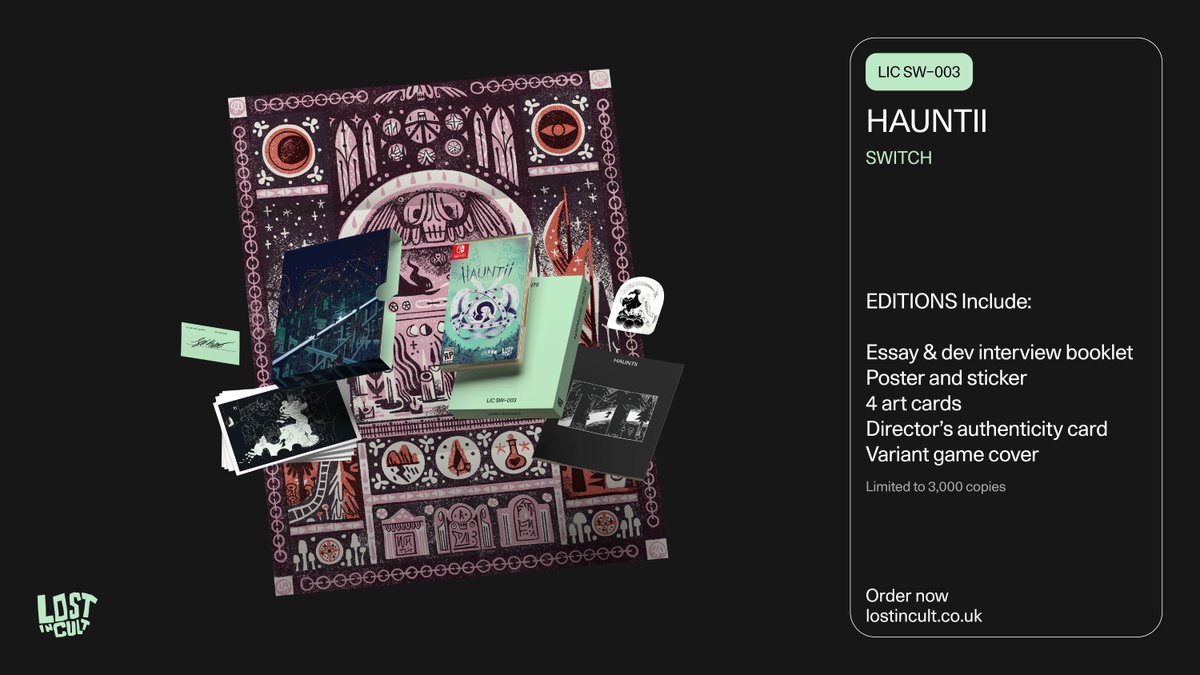 Lost In Cult (@lostincult) on Twitter photo Lost In Cult is proud to announce our next EDITIONS release: Hauntii for Switch and PS5 👻
With <a href="/moonloopGames/">Moonloop Games | BitSummit 2025</a> x <a href="/firestokegames/">Firestoke</a>, embark on an expansive afterlife odyssey set in a beautiful handcrafted world.
Limited to 3,000 on Switch & 1,500 on PS5.
lostincult.com/editions Lost In Cult is proud to announce our next EDITIONS release: Hauntii for Switch and PS5 👻
With <a href="/moonloopGames/">Moonloop Games | BitSummit 2025</a> x <a href="/firestokegames/">Firestoke</a>, embark on an expansive afterlife odyssey set in a beautiful handcrafted world.
Limited to 3,000 on Switch & 1,500 on PS5.
lostincult.com/editions