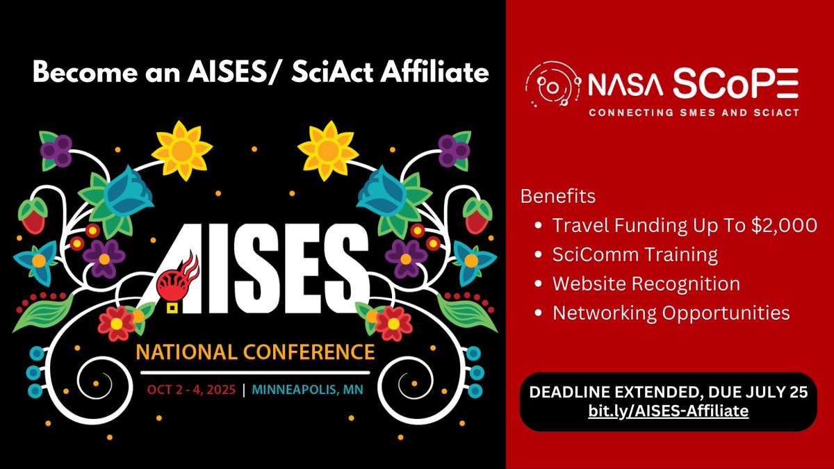 Applications to become an <a href="/AISES/">AISES</a> <a href="/NASA/">NASA</a> SciAct Affiliate close tomorrow ‼️ Apply now to receive travel funding to #AISESNC2025

bit.ly/AAS-Affiliate