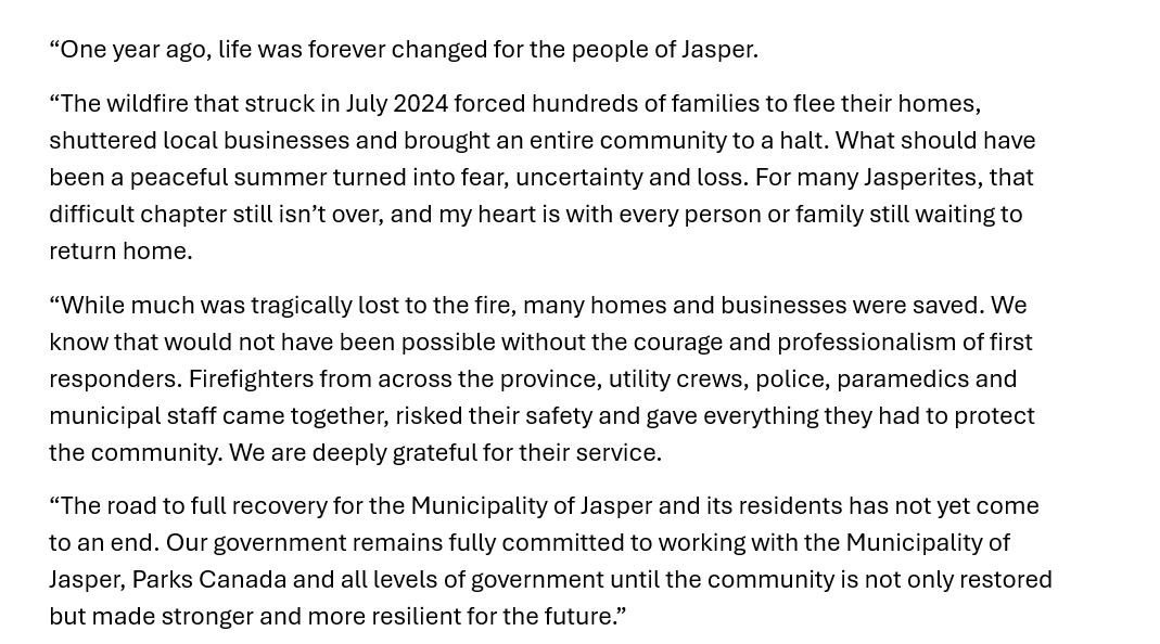 cspotweet's tweet image. Here's Premier Danielle Smith's statement on the one-year anniversary of the evacuation of some 25,000 people from Jasper due to wildfires.
