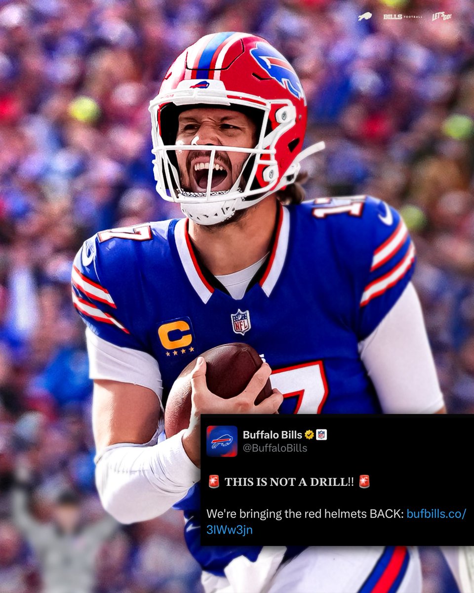 BfloFanatics's tweet image. The Bills make it official..
They’ll wear their red helmets for the Week 18 game against the Jets to celebrate the final regular season game at Highmark Stadium.
#BillsMafia