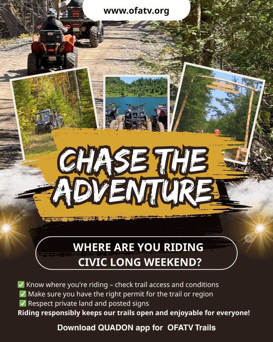 OFATV's tweet image. Planning to hit the trails Civic Long Weekend? Make sure you’re set for a great ride:
Download the QuadON app for OFATV trail maps, updates, and permit info – right at your fingertips.
#RideON #OFATV #TrailTips #RespectTheTrails #QuadON #ATVSafety #longweekendvibes #summer2025