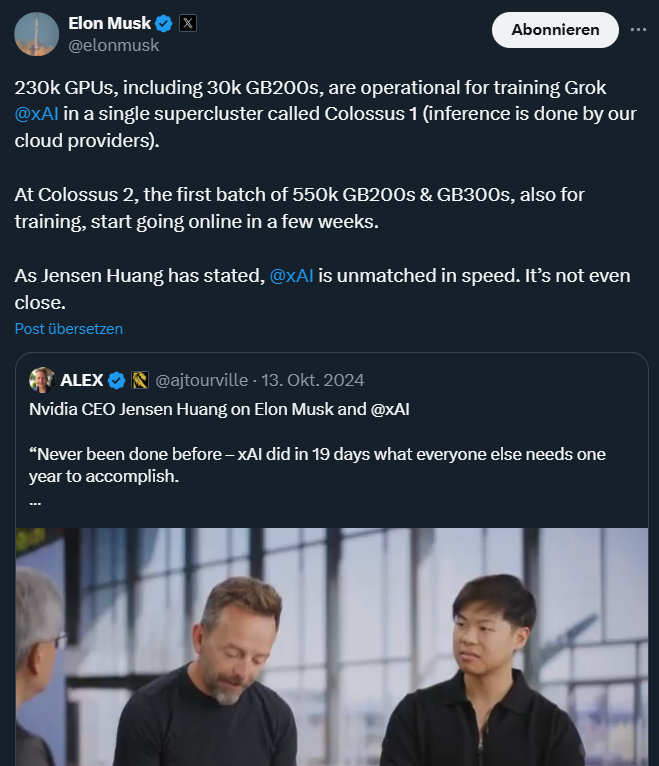 BastianBraun121's tweet image. 🚨 BREAKING: Elon Musk says: @xAI’s Colossus 2 datacenter to launch with 550K Nvidia GPUs in weeks, with over $20B invested in GPUs & gear!