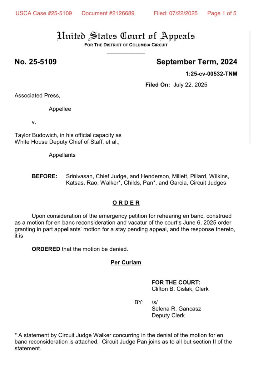 GraziellaPastor's tweet image. GREAT WIN! The DC Circuit just denied AP's request for a rehearing en banc, so the Circuit's opinion allowing President Trump to deny AP access to the press pool stands.