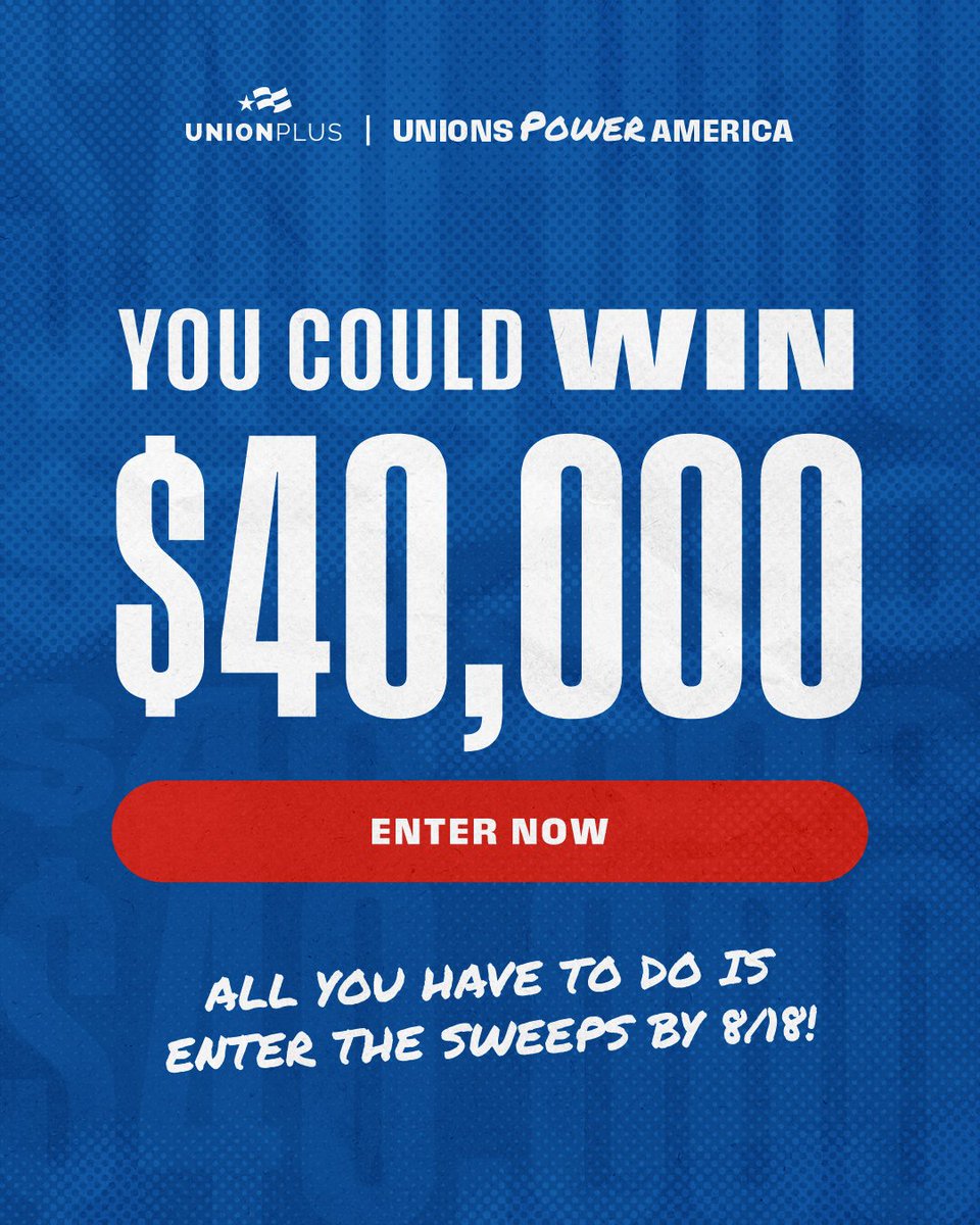 sagaftra's tweet image. Via @UnionPlus :
🎉 $40K. A trip to NYC. Lots of reasons to celebrate union members. The #UnionsPowerAmerica Sweepstakes is BACK. Enter for your chance to win and be part of the celebration.
No Purch Nec. Ends 8/18/25. See Rules & Enter at: unionplus.click/unionspowerusa