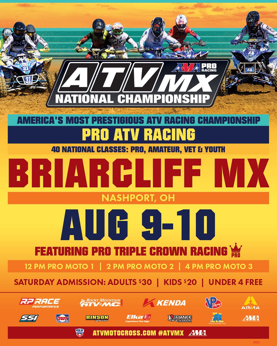 Up Next‼️ Save the date August 9-10 for round 10 and final Pro Racing Triple Crown of 2025 ATV Motocross Championship season at Briarcliff MX

Visit the website for more event info ℹ️ #ATVMX #ATVMotocross