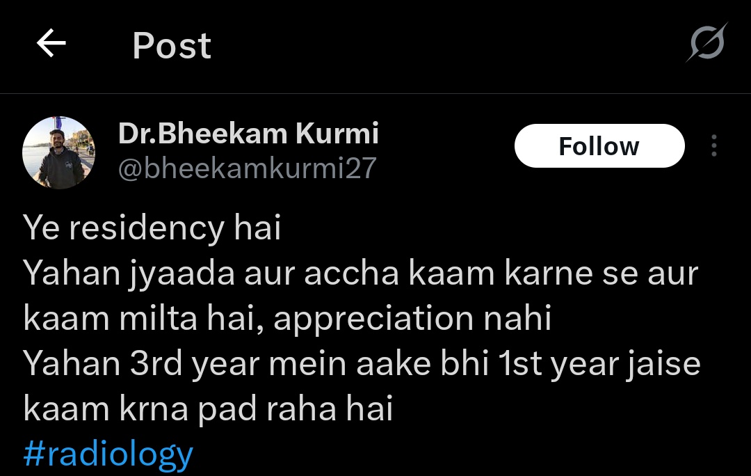 nehapadhi's tweet image. My millennial outdated take on this,"#Residency mein apne liye kaam kia jata hai,apne skills better hote hain, khud future real life situation k liye prepare hona hota hai,jab raat k 2 baje akele case dena hota h tab tumhari phate na."
Baki apni apni shradha h jo karna h karo!