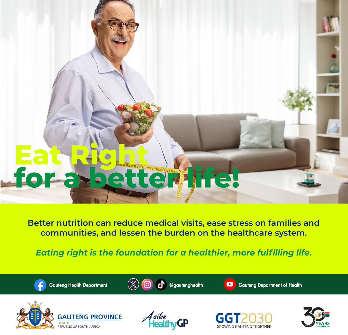 Johannesburg Health District (@healthjhb) on Twitter photo Good health starts with healthy choices. The <a href="/GautengHealth/">Gauteng Health</a> encourages everyone to eat right for a better life, because what you eat today shapes your health tomorrow. Choose fresh fruits and vegetables, whole grains, lean proteins, and drink enough water. 🥕🥦
#AsibeHealthyGP Good health starts with healthy choices. The <a href="/GautengHealth/">Gauteng Health</a> encourages everyone to eat right for a better life, because what you eat today shapes your health tomorrow. Choose fresh fruits and vegetables, whole grains, lean proteins, and drink enough water. 🥕🥦
#AsibeHealthyGP