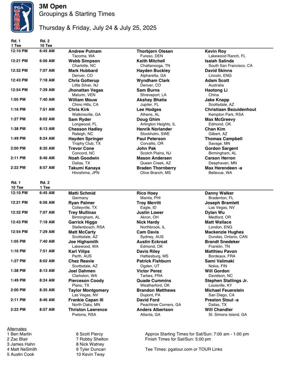 PGATOURComms's tweet image. Groupings and starting times for the first and second rounds of the 3M Open