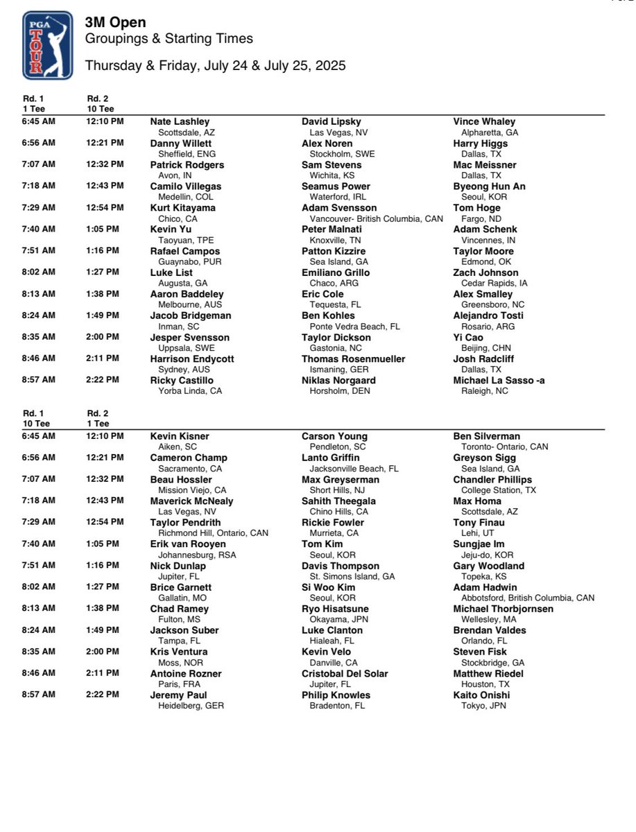 PGATOURComms's tweet image. Groupings and starting times for the first and second rounds of the 3M Open