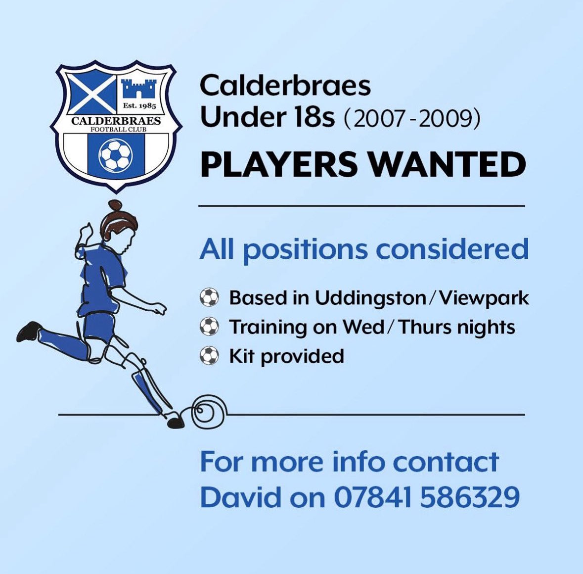 Jax_Noticeboard's tweet photo. Recruitment YOUTH |

Calderbraes FC Girls 18s 

Players born 2007, 2008 &amp; 2009

Interested/more information ☎️ David 07841 - 586329

#Jax_Mc_Media https://t.co/yyR1WufPCT