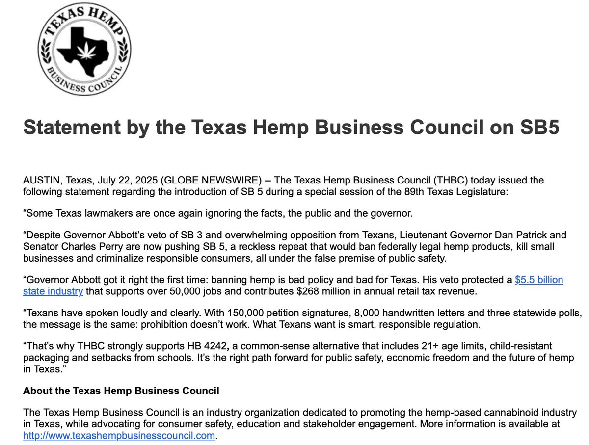 hollyshansen's tweet image. In: Statement from Texas Hemp Business Council on #txlege SB 5.
“Some Texas lawmakers are once again ignoring the facts, the public and the governor.”