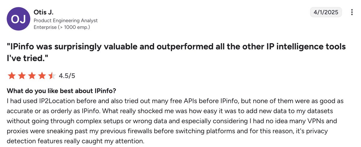 ipinfo's tweet image. The difference? Our data was clean, fast — and actually useful.

Want to see for yourself? → ipinfo.io/products

#IPData #PrivacyDetection
