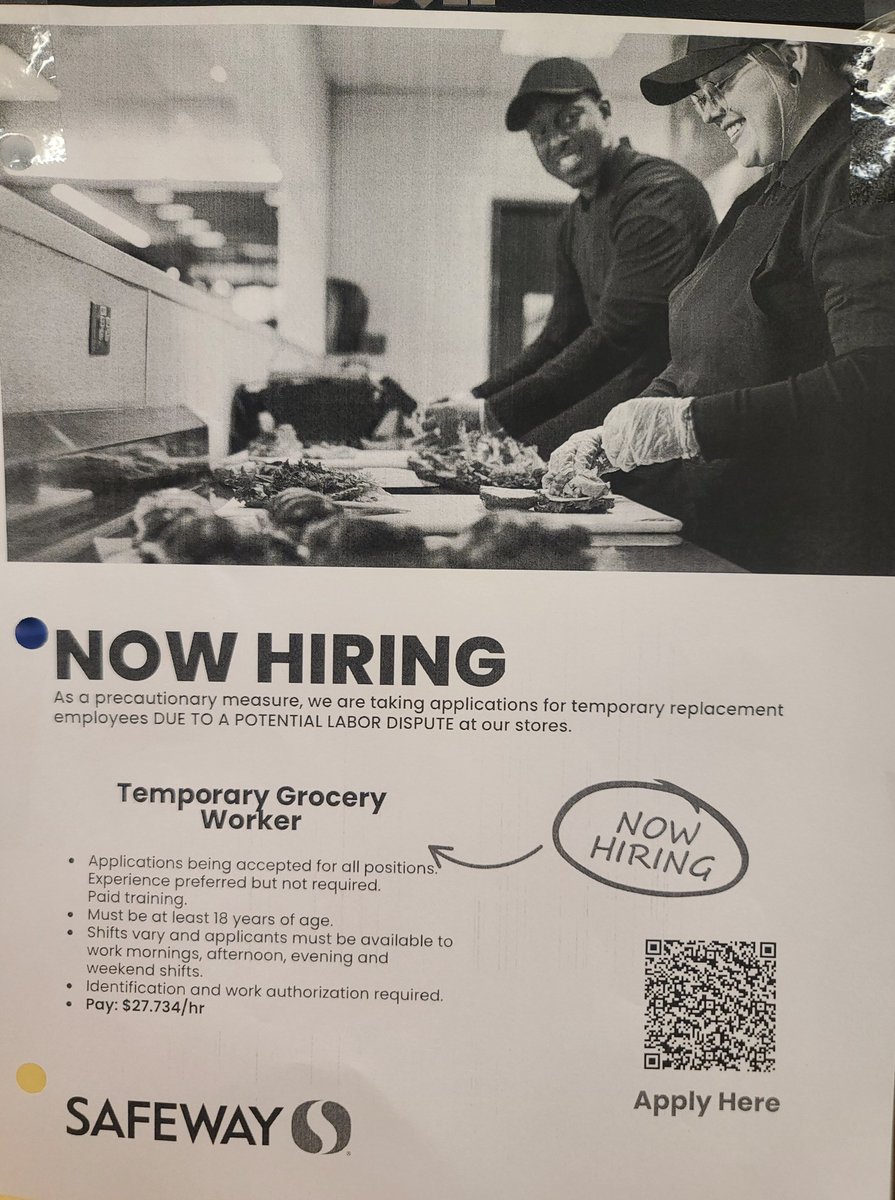 EW4Democracy's tweet image. What&apos;s disgusting? UNION BUSTING! 

@Safeway stores in Northern California are hiring scabs starting at $27/hr — over $10 more than contractual starting pay for most union members — after UFCW Locals 5, 8-GS, and 648 set a strike deadline on 7/25.