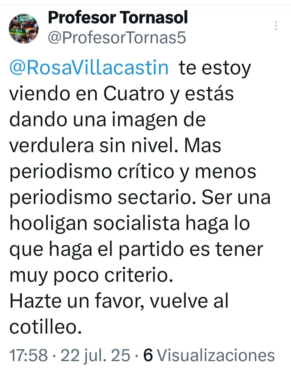 ProfesorTornas5's tweet image. Le digo 4 verdades innegables y me bloquea:
1. Cualquiera que haya visto el programa ha podido ver que se ha comportado como una Charo.
2. No hay crítica alguna al PSOE. Es una sectaria de manual y es demostrable.
3. Su perfil es más de periodista de cotilleo. Creo que es obvio.