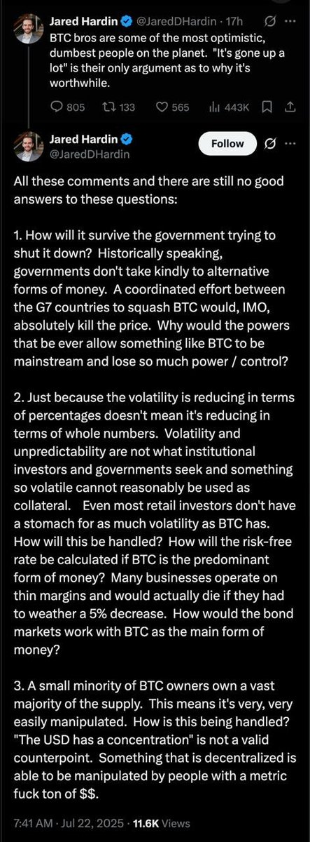 willbaxter88's tweet image. This guy wrote a massive tweet questioning bitcoin.
Then he admitted he hasn't taken the time to learn about it.
Classic.