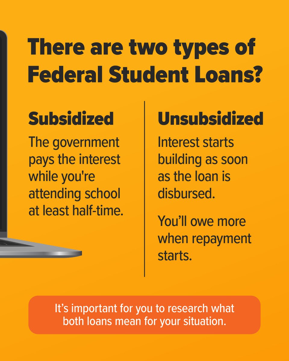 NYSStudentAid's tweet image. Not all federal student loans work the same way! Before borrowing for college, make sure you know the difference between Subsidized and Unsubsidized Loans.
Visit: bit.ly/40SSMTZ
#HESC #HigherEducation #FinancialAid