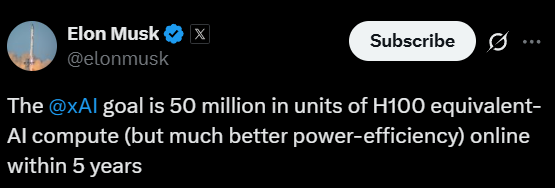 mark_k's tweet image. Elon Musk will bring 50M GPUs online for @xAI
Full acceleration. No brakes.
🚀