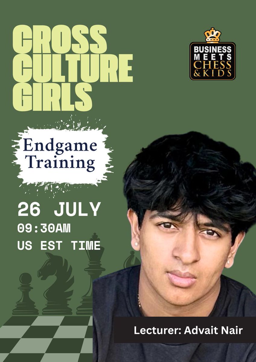 Genevieve Maashao (@gmaashao) on Twitter photo Cross Culture Girls and <a href="/MeetsKids/">Business Meets Chess & Kids</a> invites all girls for End game training on Saturday with Advait Nair.
<a href="/MeetsKids/">Business Meets Chess & Kids</a> <a href="/MercyIngado1/">Mercy Ingado</a> <a href="/Yve_chessqueen/">Yve_chessqueen</a> <a href="/ZuriTatiina/">Zuri Tumwesigye</a> <a href="/hannahmawejje/">Hannah Mawejje</a> <a href="/JamieCole_04/">Jamie-Nicole Beukes</a> <a href="/ChessArbitress/">IA Judit Sztaray</a> <a href="/JenShahade/">Jennifer Shahade</a> <a href="/LishenMentile/">Lishen Mentile</a> <a href="/Lighthouse_msa/">Lighthouse Chess Club Mombasa</a> <a href="/TChessdoctor/">Chessdoctor</a> <a href="/thegiftofchess/">The Gift of Chess</a> Cross Culture Girls and <a href="/MeetsKids/">Business Meets Chess & Kids</a> invites all girls for End game training on Saturday with Advait Nair.
<a href="/MeetsKids/">Business Meets Chess & Kids</a> <a href="/MercyIngado1/">Mercy Ingado</a> <a href="/Yve_chessqueen/">Yve_chessqueen</a> <a href="/ZuriTatiina/">Zuri Tumwesigye</a> <a href="/hannahmawejje/">Hannah Mawejje</a> <a href="/JamieCole_04/">Jamie-Nicole Beukes</a> <a href="/ChessArbitress/">IA Judit Sztaray</a> <a href="/JenShahade/">Jennifer Shahade</a> <a href="/LishenMentile/">Lishen Mentile</a> <a href="/Lighthouse_msa/">Lighthouse Chess Club Mombasa</a> <a href="/TChessdoctor/">Chessdoctor</a> <a href="/thegiftofchess/">The Gift of Chess</a>
