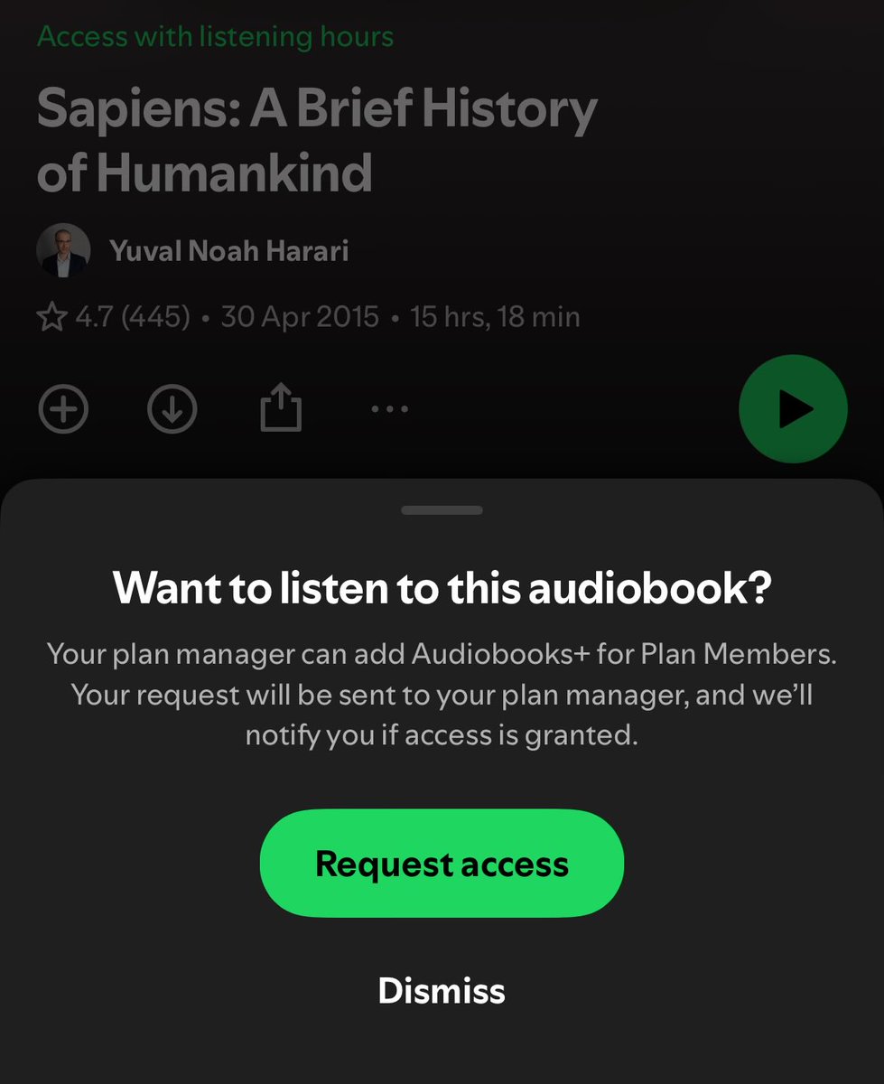 Disappointed with this dark pattern from Spotify. It really makes it seem like you have access already, but in reality “Request access” is an upsell for a paid addon your plan manager needs to subscribe to.