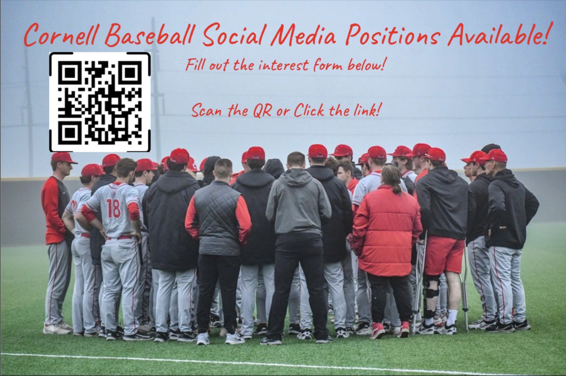 CornellBaseball's tweet image. We’re looking for individuals to help run our social media! If you or anyone you know might be interested, scan the QR code or click the link below!
forms.gle/wSTC5ydj5dTCxV…