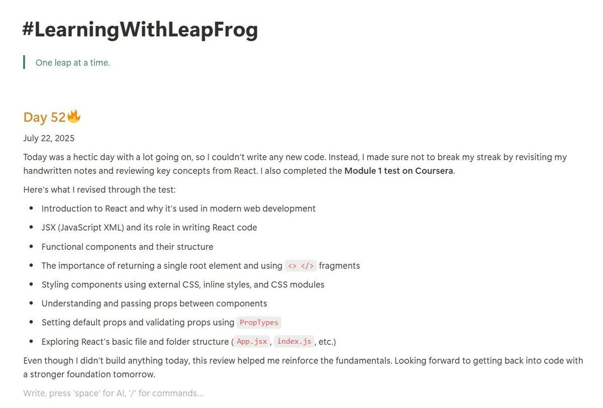 404aarohannnn's tweet photo. #LSPPDay52
Couldn’t code today too much going on. But I made time to revise key React concepts and completed the Coursera Module 1 test. Props, JSX, styling, folder structure all revisited. 
@lftechnology 
#60DaysOfLearning
#LearningWithLeapfrog2025 https://t.co/RHLfOYSiXq