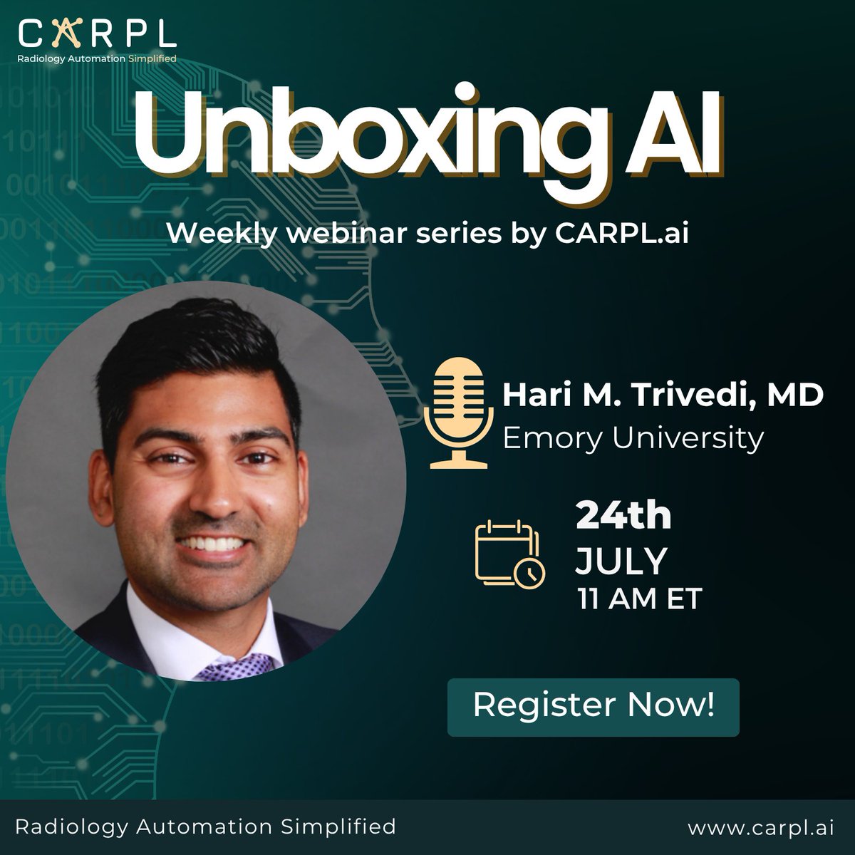 CARPL (@carplai) on Twitter photo Join us on July 24 for a conversation with <a href="/HariTrivediMD/">Hari Trivedi</a> , Associate Professor at <a href="/EmoryUniversity/">Emory University</a> and Co-Director of the HITI Lab.
Register here: zoom.us/webinar/regist… Join us on July 24 for a conversation with <a href="/HariTrivediMD/">Hari Trivedi</a> , Associate Professor at <a href="/EmoryUniversity/">Emory University</a> and Co-Director of the HITI Lab.
Register here: zoom.us/webinar/regist…